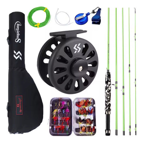 Combo De Pesca Con Mosca Caña Reel Tanza Estuche Moscas Kit