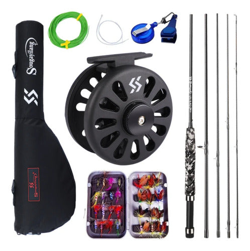 Combo De Pesca Con Mosca Caña Reel Tanza Estuche Moscas Kit