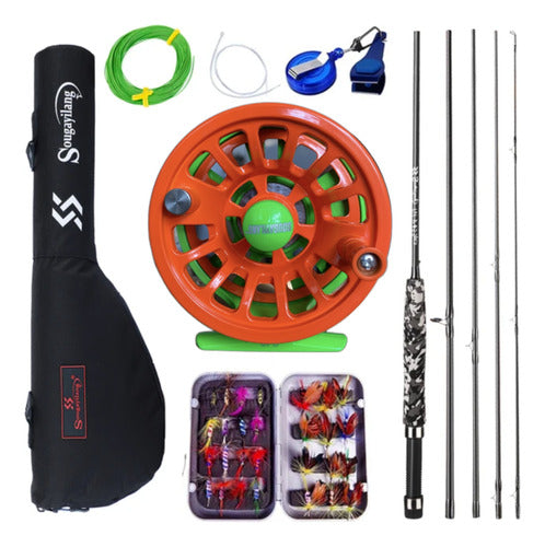 Combo De Pesca Con Mosca Caña Reel Tanza Estuche Moscas Kit