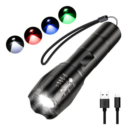 Linterna De Caza Táctica Con Bateria Recargable Y Cargador Multi Color Negro