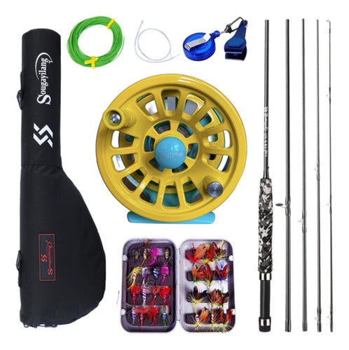 Combo De Pesca Con Mosca Caña Reel Tanza Estuche Moscas Kit