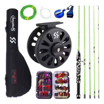 Combo De Pesca Con Mosca Caña Reel Tanza Estuche Moscas Kit