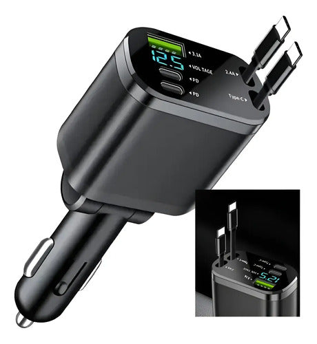 Cargador Auto Rápido Usb Tipo C Retráctil Extensible 5 En 1 Negro
