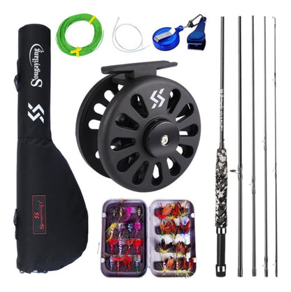 Combo De Pesca Con Mosca Caña Reel Tanza Estuche Moscas Kit