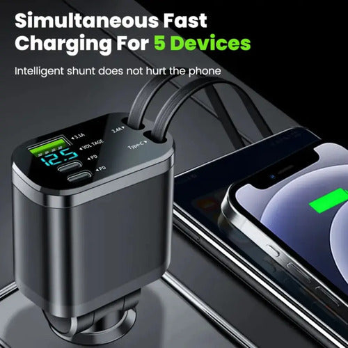 Cargador Auto Rápido Usb Tipo C Retráctil Extensible 5 En 1 Negro