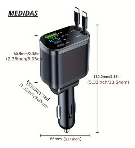 Cargador Auto Rápido Usb Tipo C Retráctil Extensible 5 En 1 Negro