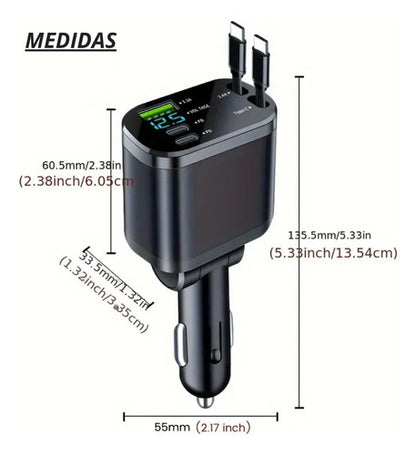 Cargador Auto Rápido Usb Tipo C Retráctil Extensible 5 En 1 Negro