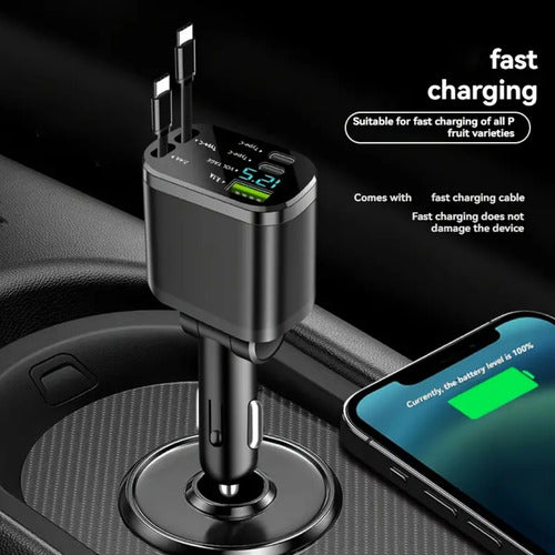 Cargador Auto Rápido Usb Tipo C Retráctil Extensible 5 En 1 Negro