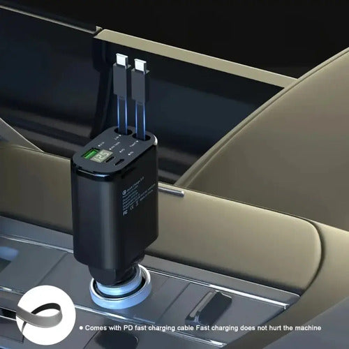 Cargador Auto Rápido Usb Tipo C Retráctil Extensible 5 En 1 Negro