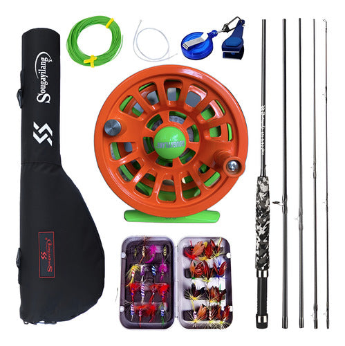 Combo De Pesca Con Mosca Caña Reel Tanza Estuche Moscas Kit