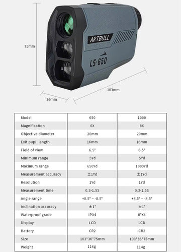 Telemetro Laser Rangefinder Artbull 650m - Caza Y Tiro Golf