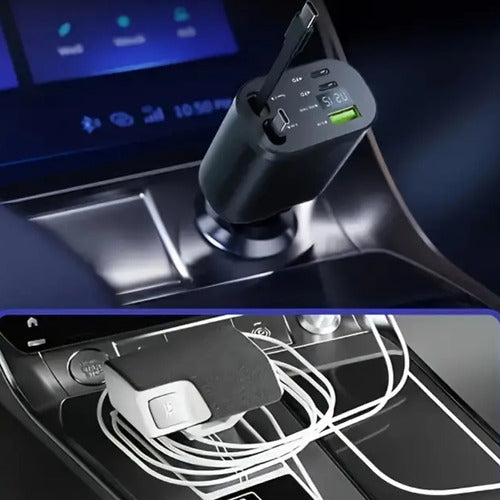 Cargador Auto Rápido Usb Tipo C Retráctil Extensible 5 En 1 Negro