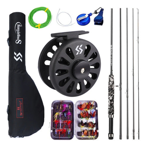 Combo De Pesca Con Mosca Caña Reel Tanza Estuche Moscas Kit