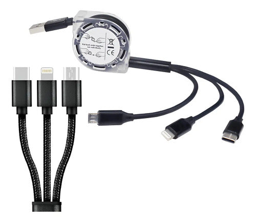 Cargador Celular Retractil Extensible 3 En 1 iPhone Y Tipo C Negro