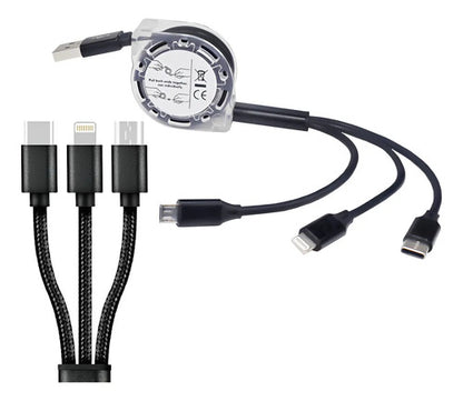 Cargador Celular Retractil Extensible 3 En 1 iPhone Y Tipo C Negro
