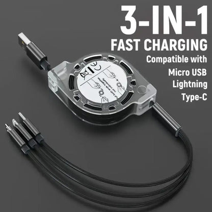 Cargador Celular Retractil Extensible 3 En 1 iPhone Y Tipo C Negro